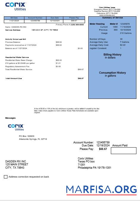 Downloadable USA Corix Utilities business utility bill template in Word and PDF formats
